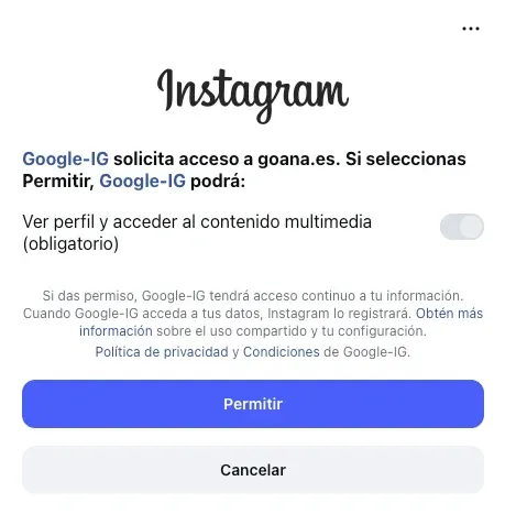 Pantalla de Instagram pidiendo permiso para que Google acceda al perfil de goana.es