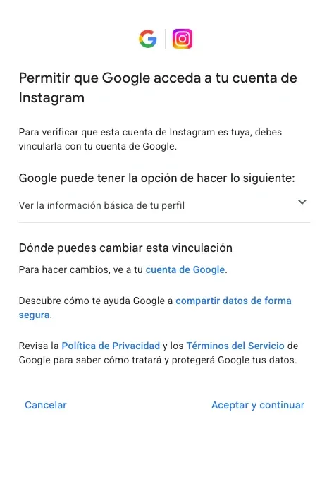 Pantalla de Google para permitir el acceso a la cuenta de Instagram y verificar que es tuya